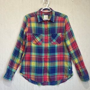 Y2K American Eagle Women't Vintage Boyfriend Madras Plaid Button Up Shirt Sz M